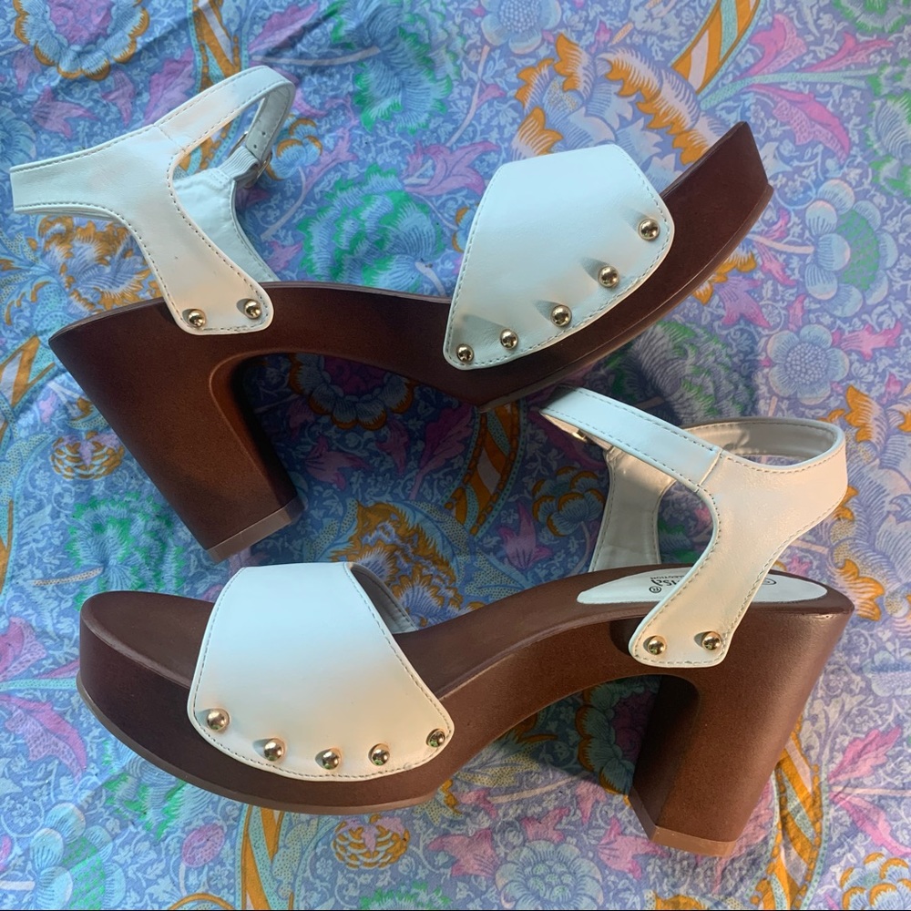 New white and brown faux wooden heels